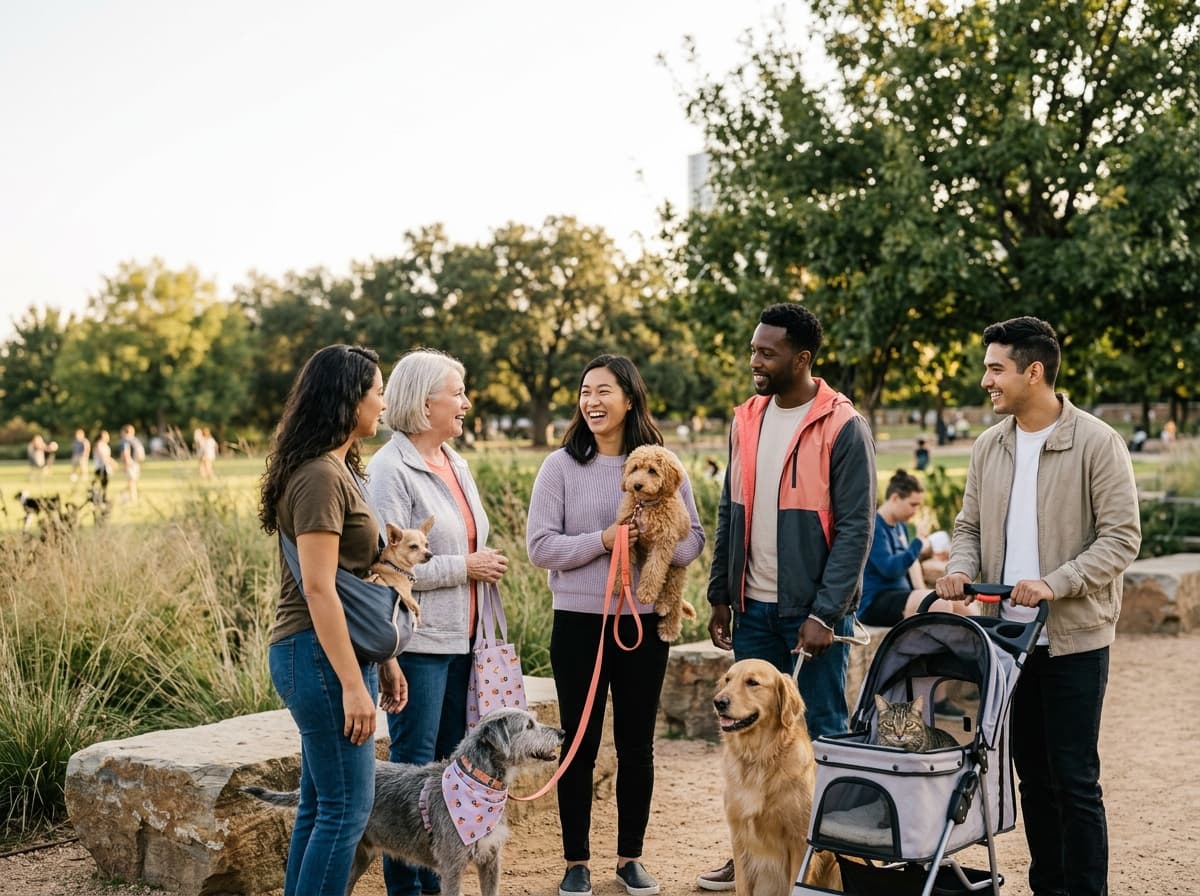 Pets and their humans gathering in a local park community