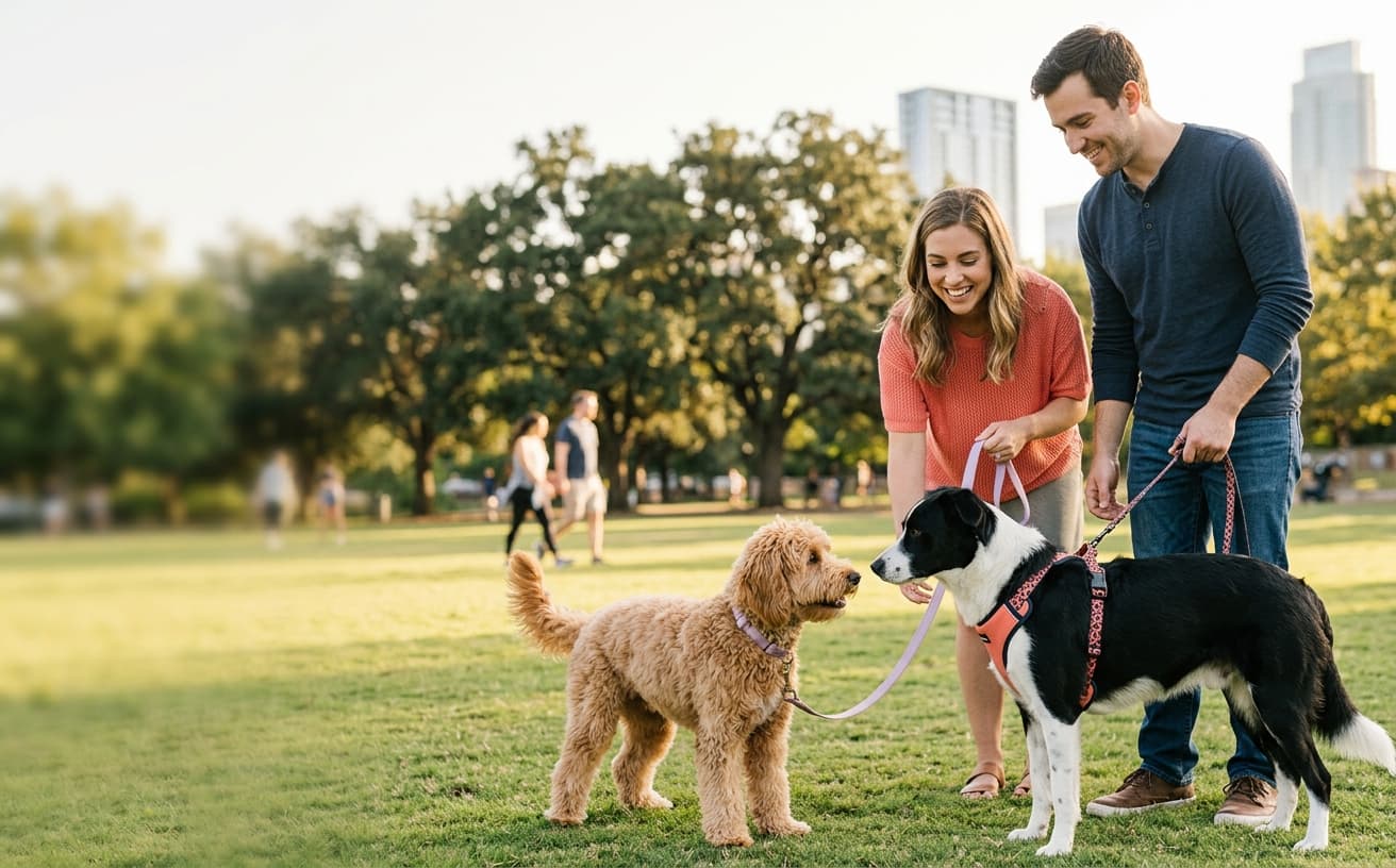 Pets and their humans meeting for a playdate at the park